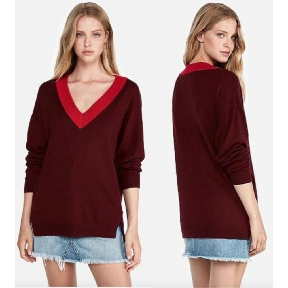 Express Oversized Deep V-Neck Tunic Sweater XS